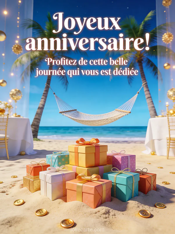 Texte Joyeux anniversaire en lettres blanches avec hamac entre palmiers, cadeaux colorés dans le sable et boutons d'or à l'heure bleue