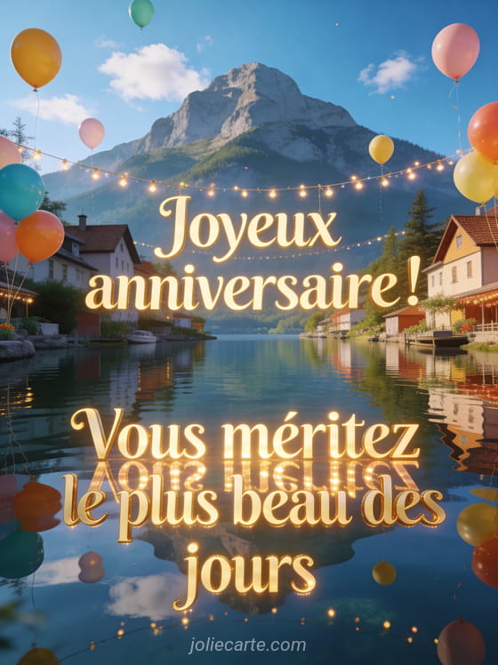 Texte Joyeux anniversaire en lettres dorées lumineuses avec village lacustre, montagne et reflet, guirlande lumineuse et ballons colorés