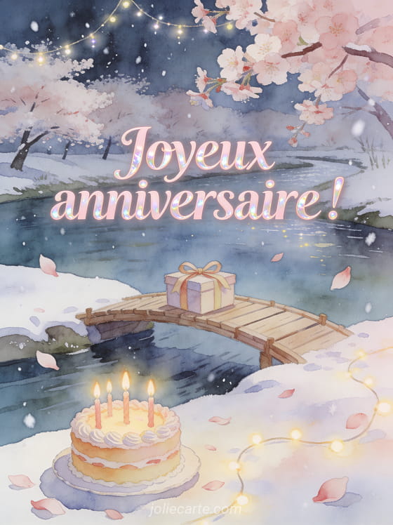 Texte Joyeux anniversaire en lettres rose pâle nacrées avec cerisiers en fleurs, rivière calme, gâteau d'anniversaire et pétales tombants en aquarelle