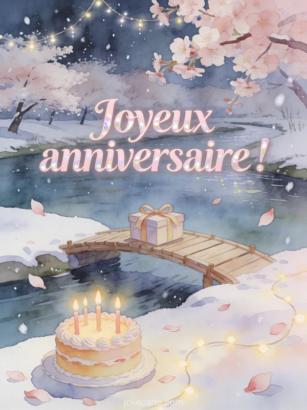 Texte Joyeux anniversaire en lettres rose pâle nacrées avec cerisiers en fleurs, rivière calme, gâteau d'anniversaire et pétales tombants en aquarelle
