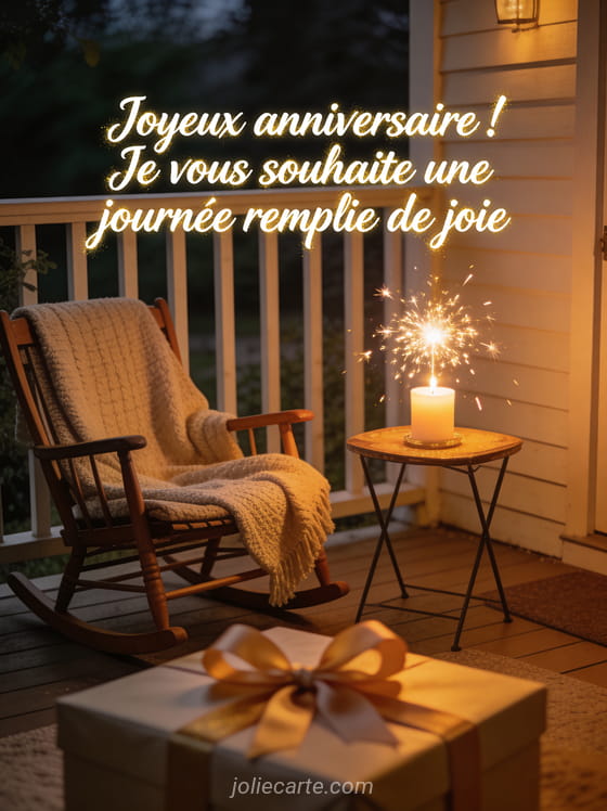 Texte Joyeux anniversaire en lettres manuscrites blanches avec véranda cosy, rocking-chair, bougie sparkler scintillante et cadeau emballé