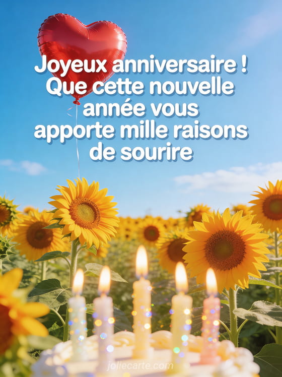 Texte Joyeux anniversaire en lettres blanches rondes avec champ de tournesols, ballon coeur rouge flottant et bougies scintillantes sous un ciel bleu