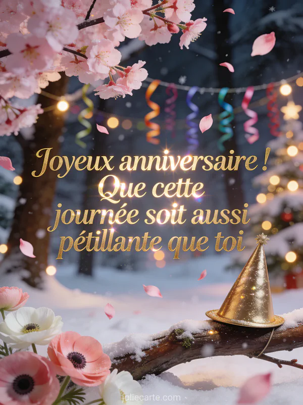 Cerisiers en fleurs au Japon avec pétales roses, anemónes et chapeau doré avec le texte joyeux anniversaire