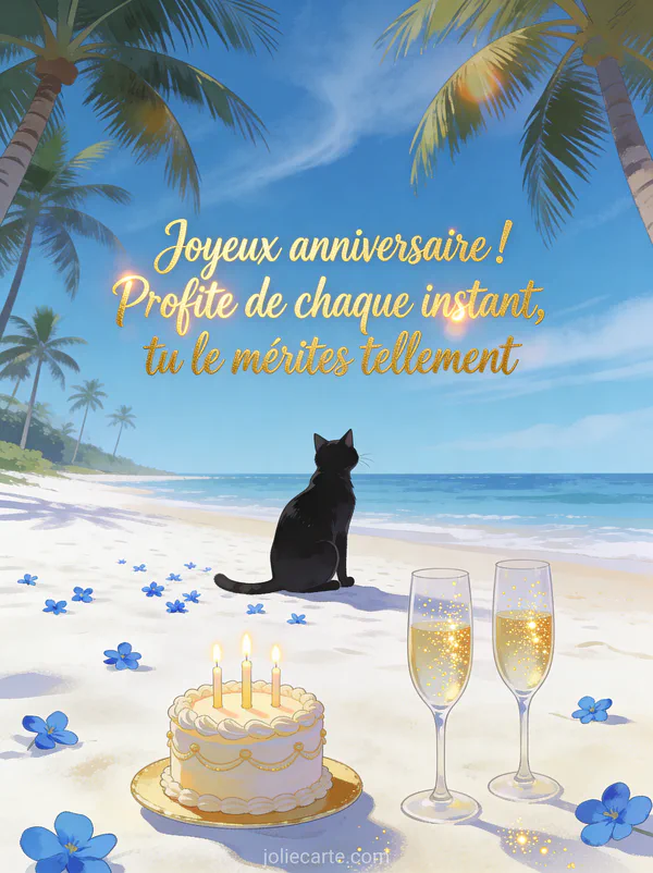 Plage de sable blanc avec cocotiers, chat noir assis sur le sable, myosotis bleus et gâteau d'anniversaire
