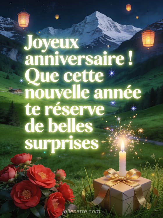 Vallée suisse avec sommets enneigés, lanternes lumineuses flottantes, camélias rouges et cadeau doré