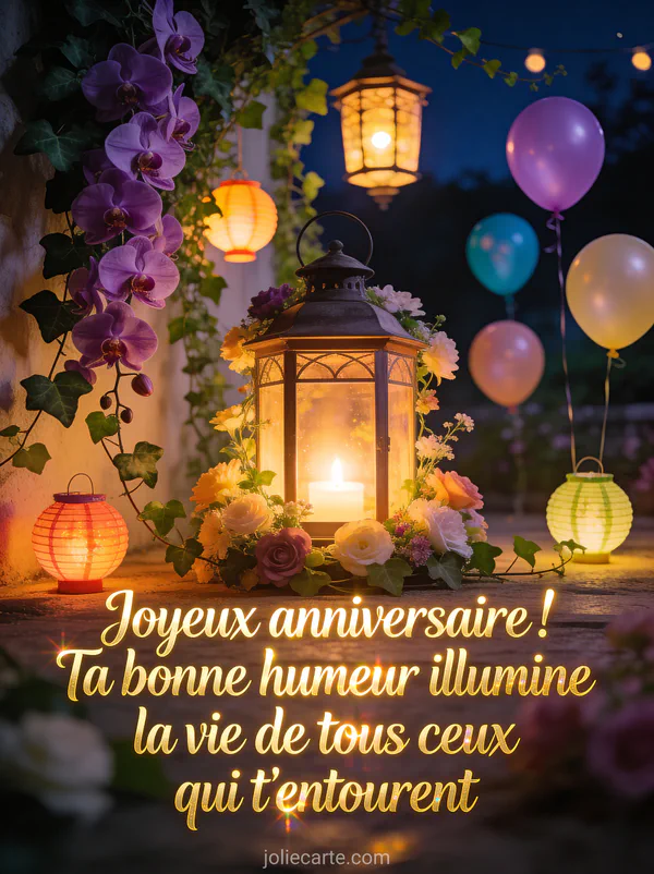 Lanterne allumée entourée de lierre et d'orchidées violettes avec lampions colorés et ballons