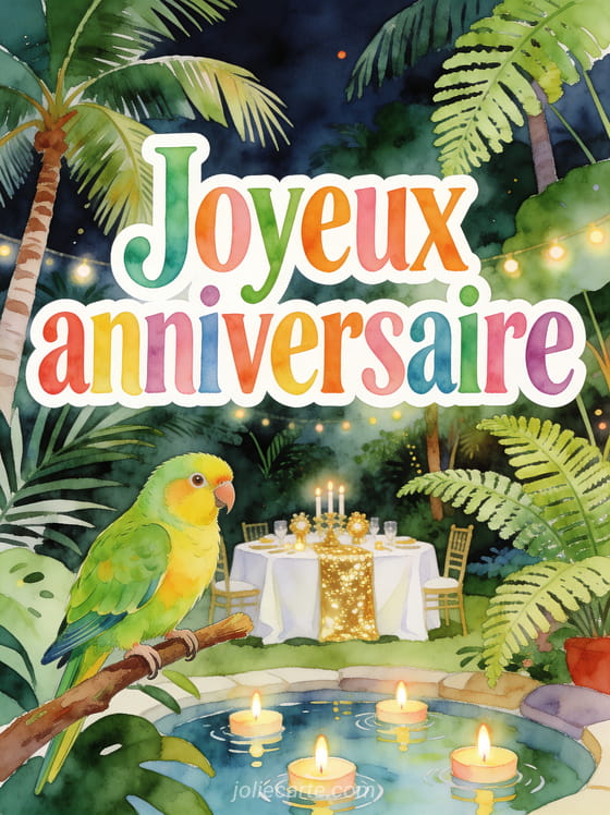 Jardin tropical avec palmiers et fougères, perruche verte et jaune sur une branche, bougies flottantes sur l'eau, illustration aquarelle