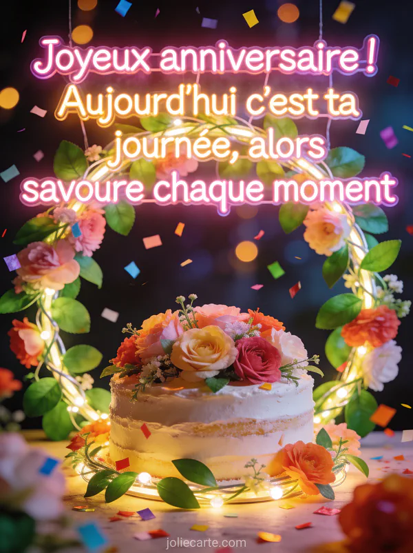 Guirlande lumineuse entremêlée de fleurs et feuilles vertes, gâteau décoré de fleurs et confettis colorés