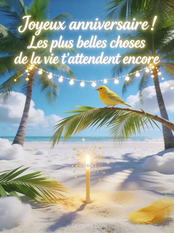 Plage de sable blanc avec cocotiers, canari jaune perché sur une branche, bougie sparkler et guirlande lumineuse