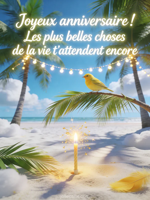 Plage de sable blanc avec cocotiers, canari jaune perché sur une branche, bougie sparkler et guirlande lumineuse