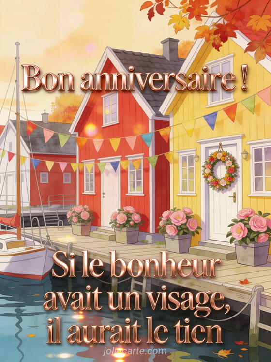 Village de pêcheurs scandinave avec maisons colorées, camélias roses, couronne de fleurs et fanions