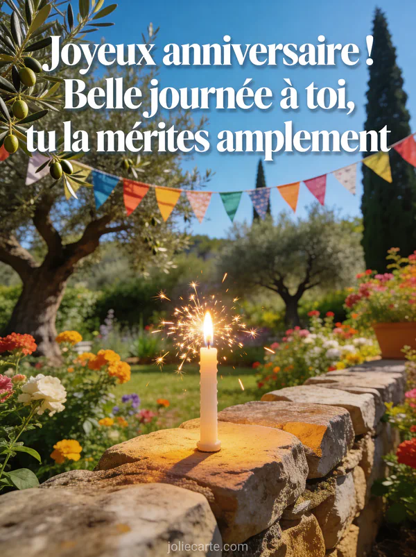 Jardin méditerranéen avec oliviers et cyprès, fanions colorés et bougie sparkler sur un muret de pierre
