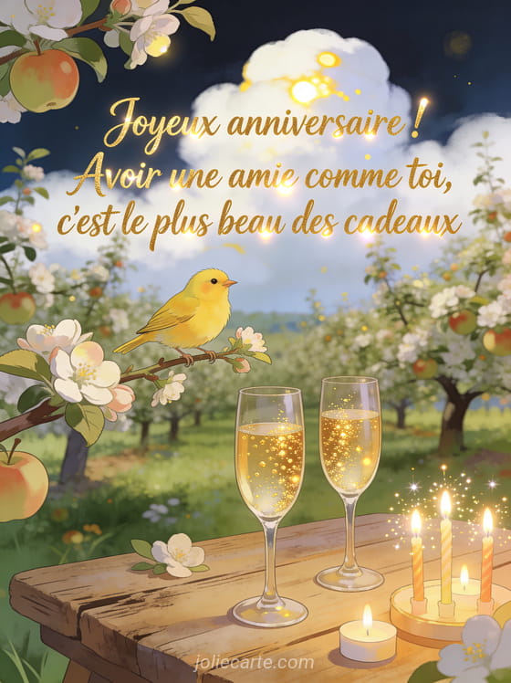 Verger de pommiers en fleurs avec canari jaune sur une branche, coupes de champagne et bougies d'anniversaire