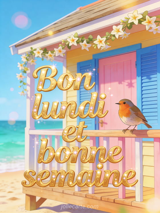 Cabane de plage colorée aux volets bleus et roses avec un rouge-gorge sur la rambarde et le texte Bon lundi et bonne semaine en lettres dorées