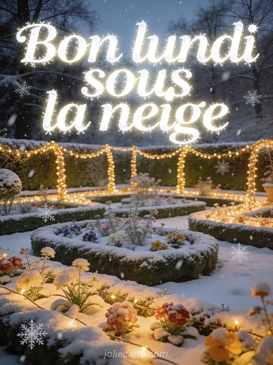 Jardin à la française sous la neige avec guirlandes dorées et flocons qui tombent et le texte Bon lundi sous la neige en lettres blanches givrées