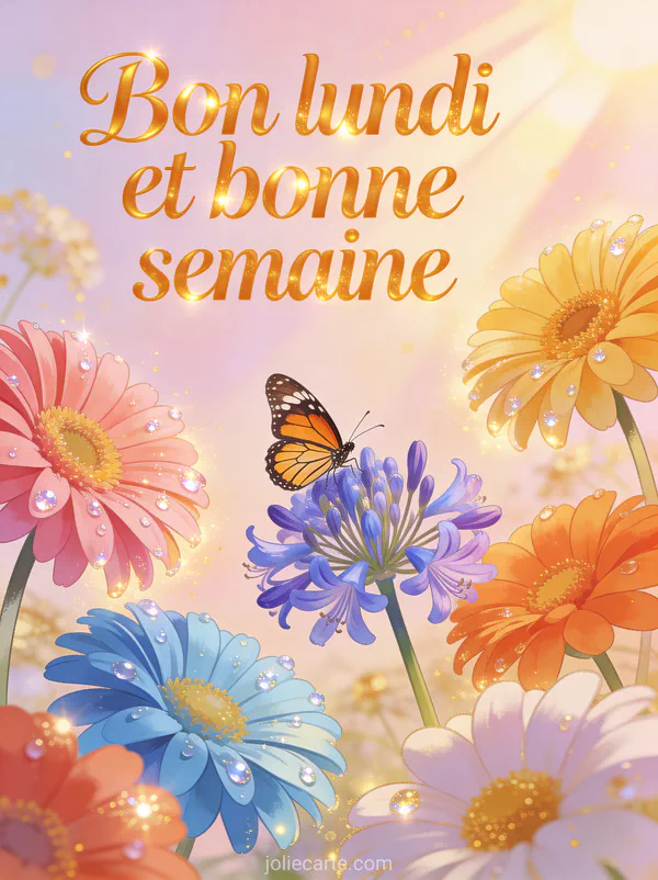 Gerberas multicolores avec gouttes d'eau et un papillon monarque sur une agapanthe avec le texte Bon lundi et bonne semaine en lettres couleur miel