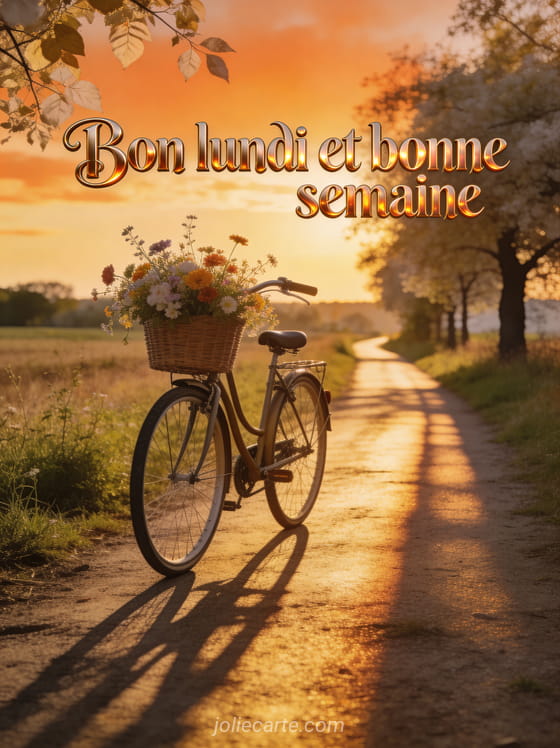 Vélo vintage avec panier de fleurs sauvages sur un chemin de campagne bordé d'arbres au coucher du soleil et le texte Bon lundi et bonne semaine en lettres cuivrées
