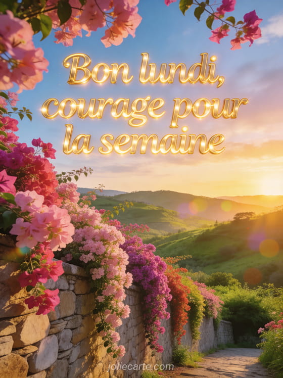 Vallée fleurie au lever du soleil avec bougainvillier en cascade rose et vue panoramique sur les collines et le texte Bon lundi courage pour la semaine en lettres dorées