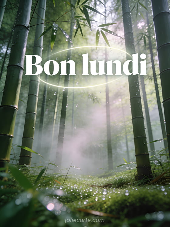 Forêt de bambous au Japon avec rosée du matin et brume légère entre les tiges et le texte Bon lundi en lettres blanches lumineuses