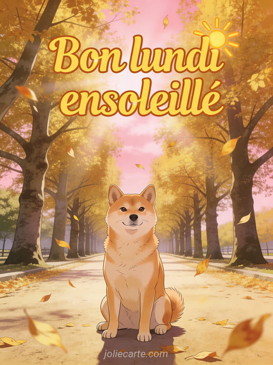 Allée de platanes centenaires au feuillage doré avec un shiba inu au regard malicieux et feuilles qui virevoltent et le texte Bon lundi ensoleillé en lettres jaunes
