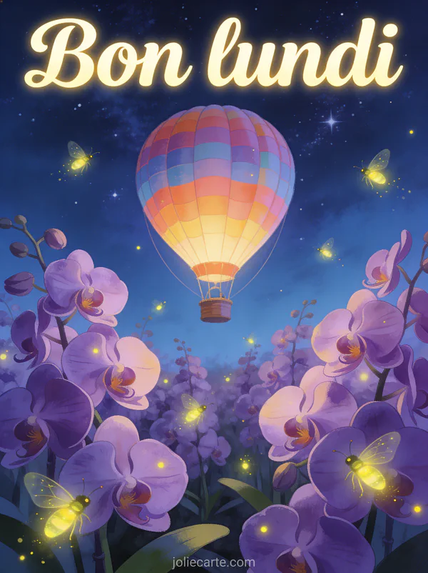 Montgolfière colorée survolant un champ d'orchidées violettes avec des lucioles scintillantes sous un ciel étoilé et le texte Bon lundi en lettres crème