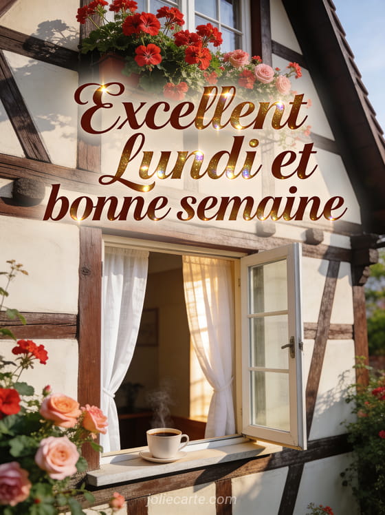 Maison à colombages fleurie de géraniums avec une tasse de café fumante sur le rebord de la fenêtre et le texte Excellent lundi et bonne semaine en lettres brunes dorées