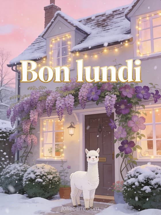 Cottage anglais avec clématites mauves et un alpaga blanc devant la porte, neige sur le toit et guirlandes lumineuses et le texte Bon lundi en lettres blanches dorées