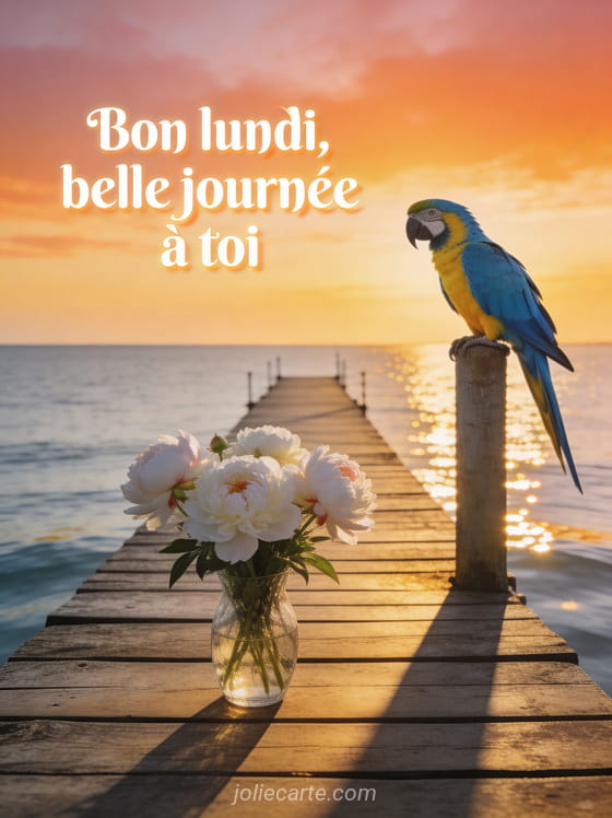 Jetée en bois au coucher du soleil avec un perroquet ara bleu et jaune et des pivoines blanches dans un vase et le texte Bon lundi belle journée à toi en lettres blanches