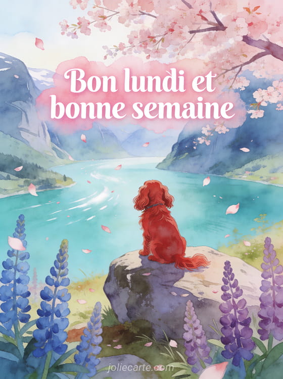 Cerisiers en fleurs au-dessus d'un fjord turquoise avec un cocker anglais roux et des lupins bleus et violets et le texte Bon lundi et bonne semaine en lettres roses et blanches