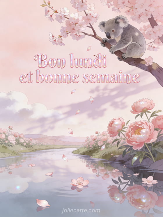 Fleurs de cerisier tombant sur une eau immobile avec un koala perché sur une branche et des pivoines roses le long de la rive et le texte Bon lundi et bonne semaine en lettres rose pâle