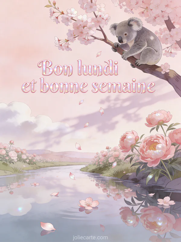 Fleurs de cerisier tombant sur une eau immobile avec un koala perché sur une branche et des pivoines roses le long de la rive et le texte Bon lundi et bonne semaine en lettres rose pâle