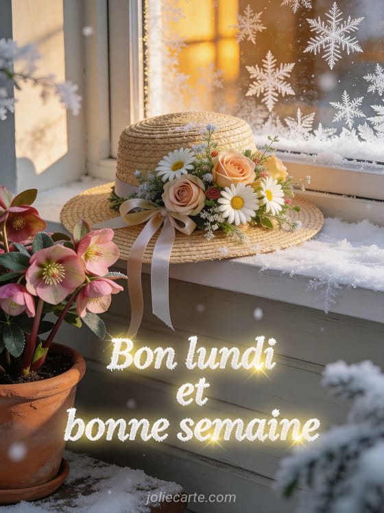 Chapeau de paille avec bouquet champêtre de roses et marguerites sur un rebord de fenêtre avec hellébores roses et givre délicat sur les vitres et le texte Bon lundi et bonne semaine en lettres givrées