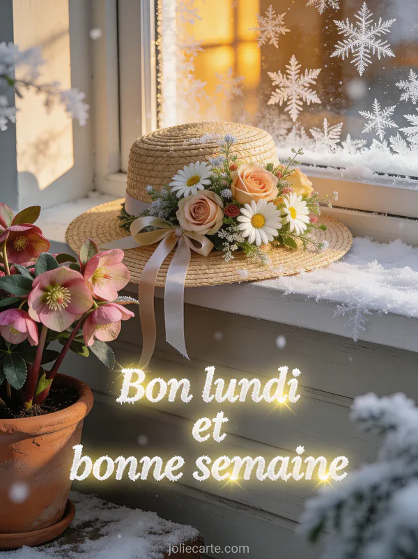 Chapeau de paille avec bouquet champêtre de roses et marguerites sur un rebord de fenêtre avec hellébores roses et givre délicat sur les vitres et le texte Bon lundi et bonne semaine en lettres givrées