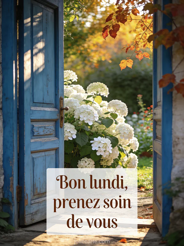 Porte ancienne en bois bleu patiné entrouverte sur un jardin d'hortensias blancs avec lumière dorée d'été indien et le texte Bon lundi prenez soin de vous en lettres brunes