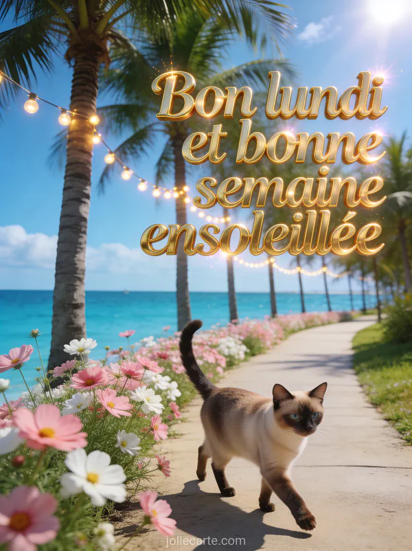 Chemin bordé de palmiers le long de la mer bleu azur avec un chat siamois et des cosmos roses et blancs et le texte Bon lundi et bonne semaine ensoleillée en lettres dorées