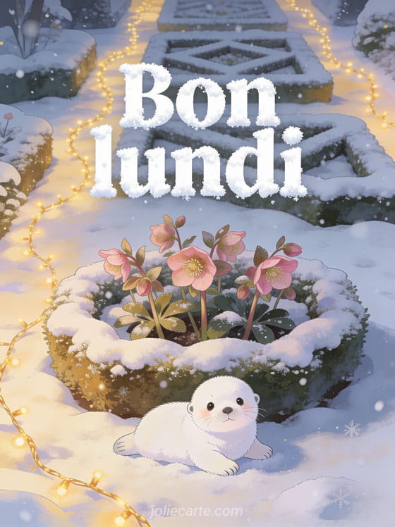 Jardin à la française sous la neige avec un bébé phoque blanc, des hellébores roses perçant la neige et des guirlandes dorées et le texte Bon lundi en lettres blanches effet neige