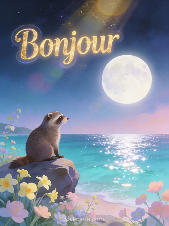 Baie turquoise sous la pleine lune avec un raton laveur sur un rocher, primevères et fleurs pastel, texte Bonjour en lettres dorées