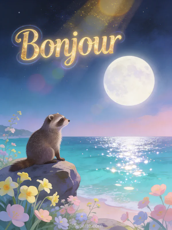 Baie turquoise sous la pleine lune avec un raton laveur sur un rocher, primevères et fleurs pastel, texte Bonjour en lettres dorées