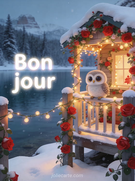 Cabane fleurie au bord d'un lac avec guirlandes dans la neige, bébé chouette perché sur la rambarde, roses rouges grimpantes, illustration féérique