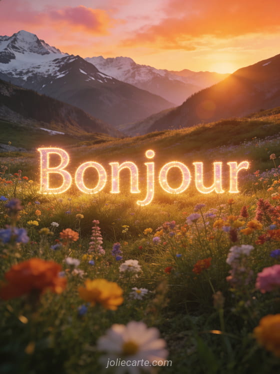 Vallée alpine couverte de fleurs sauvages multicolores avec sommets enneigés, ciel orangé et rose au soleil couchant, texte Bonjour en lettres lumineuses
