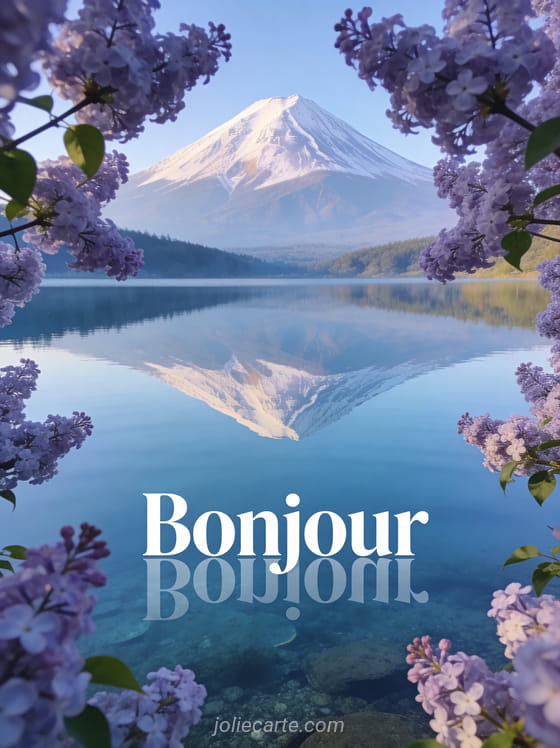 Lac miroir parfait avec montagne inversée, branches de lilas en fleurs au premier plan, lumière matinale cristalline aux tons bleus et mauves, texte Bonjour