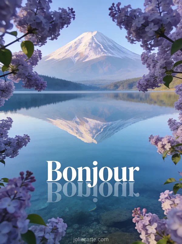 Lac miroir parfait avec montagne inversée, branches de lilas en fleurs au premier plan, lumière matinale cristalline aux tons bleus et mauves, texte Bonjour