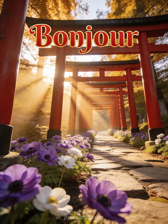 Allée de torii rouges avec lumière dorée filtrée, anémones violettes et blanches le long du chemin en pierre, style japonisant, texte Bonjour