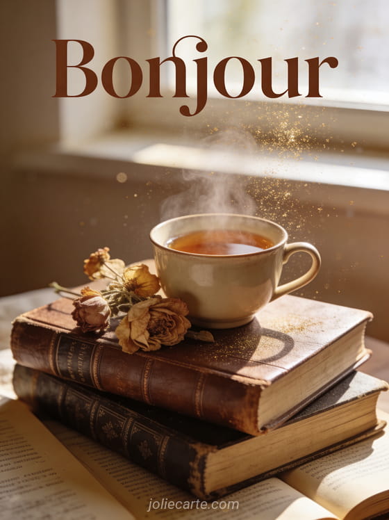 Pile de livres anciens reliés en cuir avec une tasse de thé fumante et des fleurs séchées, lumière matinale par la fenêtre, poussière dorée, texte Bonjour