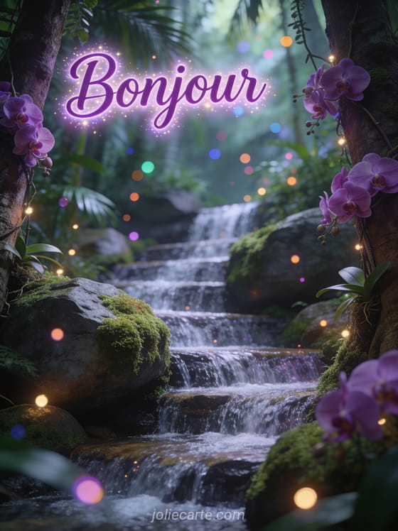 Forêt tropicale luxuriante avec cascade en escalier entre rochers moussus, orchidées violettes sur les troncs, petites lumières flottantes, texte Bonjour