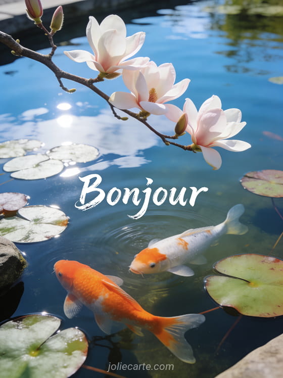Bassin zen avec carpes koï oranges et blanches parmi les nénuphars, branche de magnolia en fleurs au-dessus de l'eau, ciel bleu lumineux, texte Bonjour calligraphié