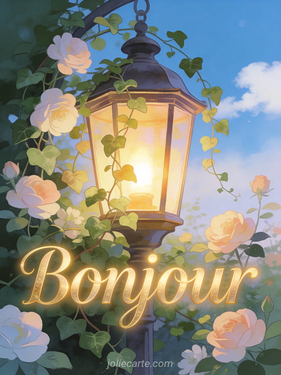 Lanterne ancienne allumée entourée de fleurs et de lierre grimpant, lumière chaleureuse, ciel bleu avec nuages blancs, ambiance jardin secret, texte Bonjour doré