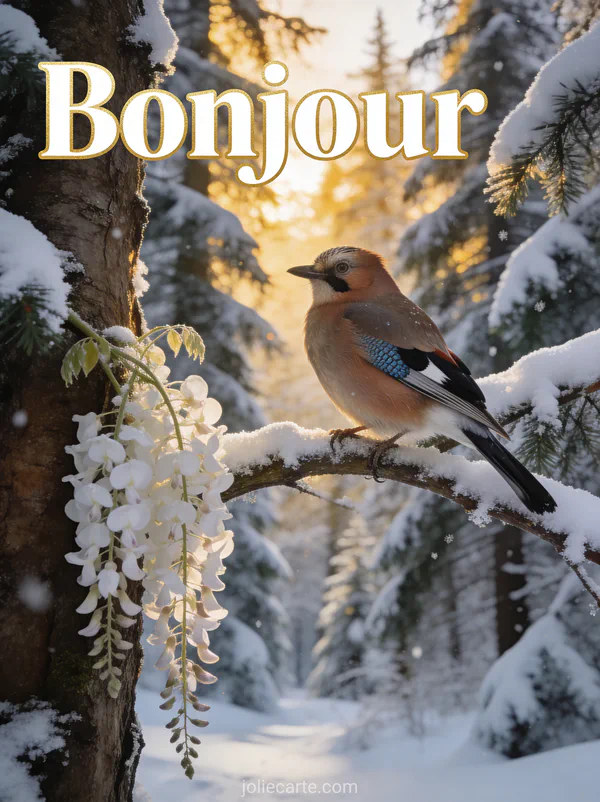 Forêt de sapins enneigée avec un bouvreuil sur une branche couverte de neige, glycine blanche pendante, lumière hivernale dorée entre les sapins, texte Bonjour