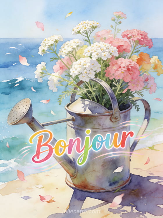 Arrosoir vintage en métal patiné débordant de fleurs colorées dont de l'achillée millefeuille, brise marine qui fait danser les pétales, illustration aquarelle fraîche