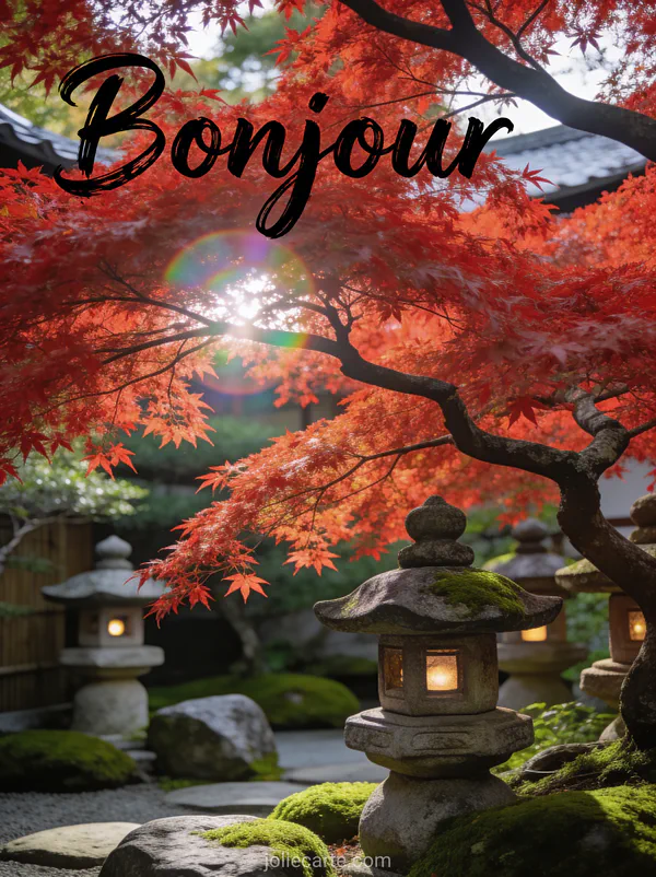 Jardin japonais avec lanternes en pierre et érable rouge flamboyant, lens flare délicat entre les branches, mousse verte sur les pierres, texte Bonjour calligraphié